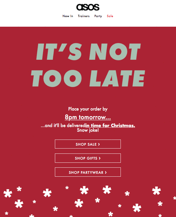 Campaña de correo electrónico de ASOS sobre los plazos de envío en vacaciones
