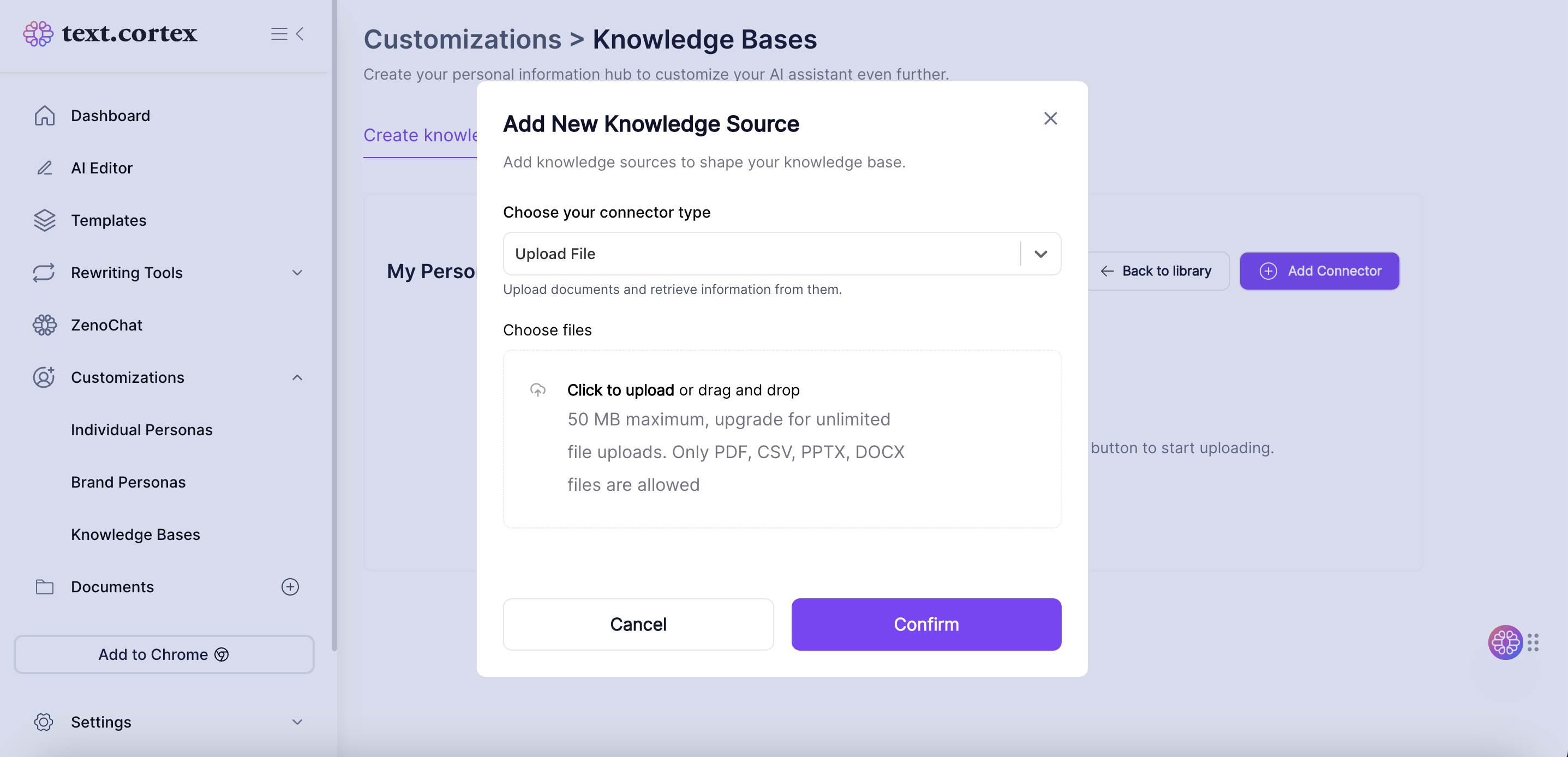 TextCortex subir documentos