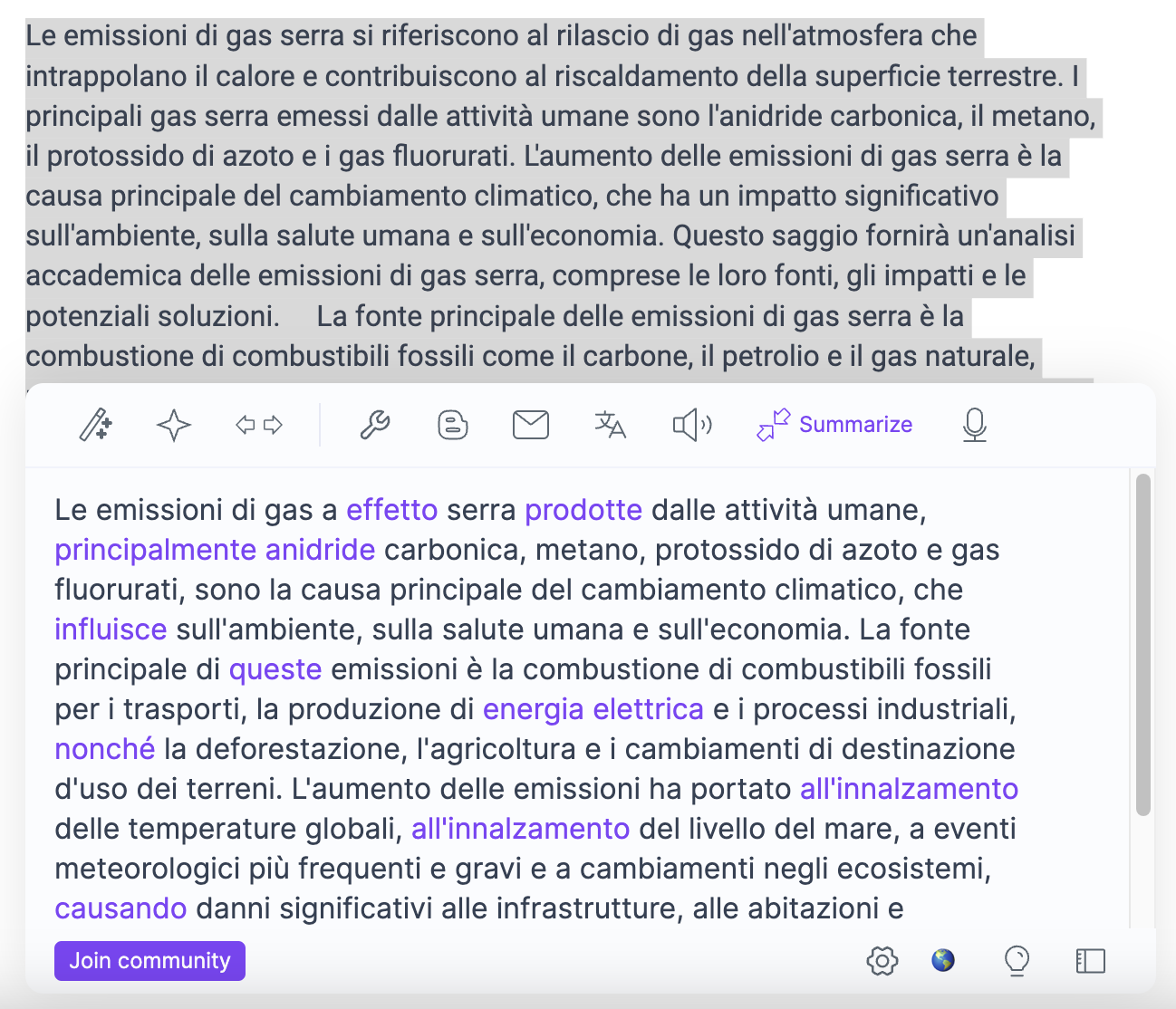 resumir texto en italiano