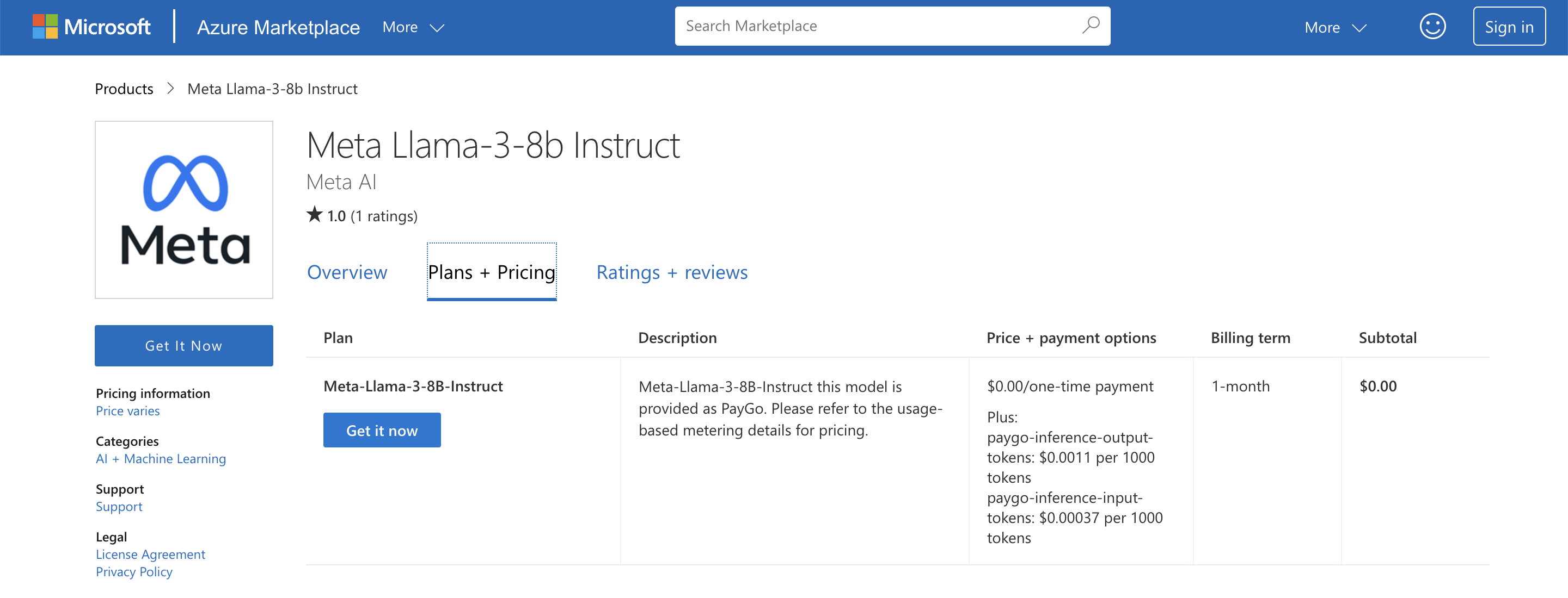 LLAMA 3 Pricingon Azure Marketplace