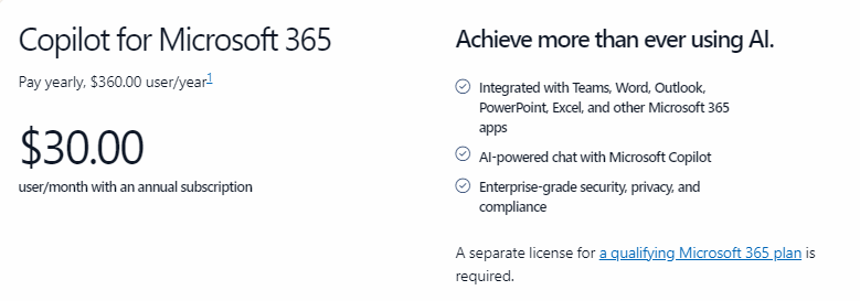 Preços do Copilot para Microsoft 365