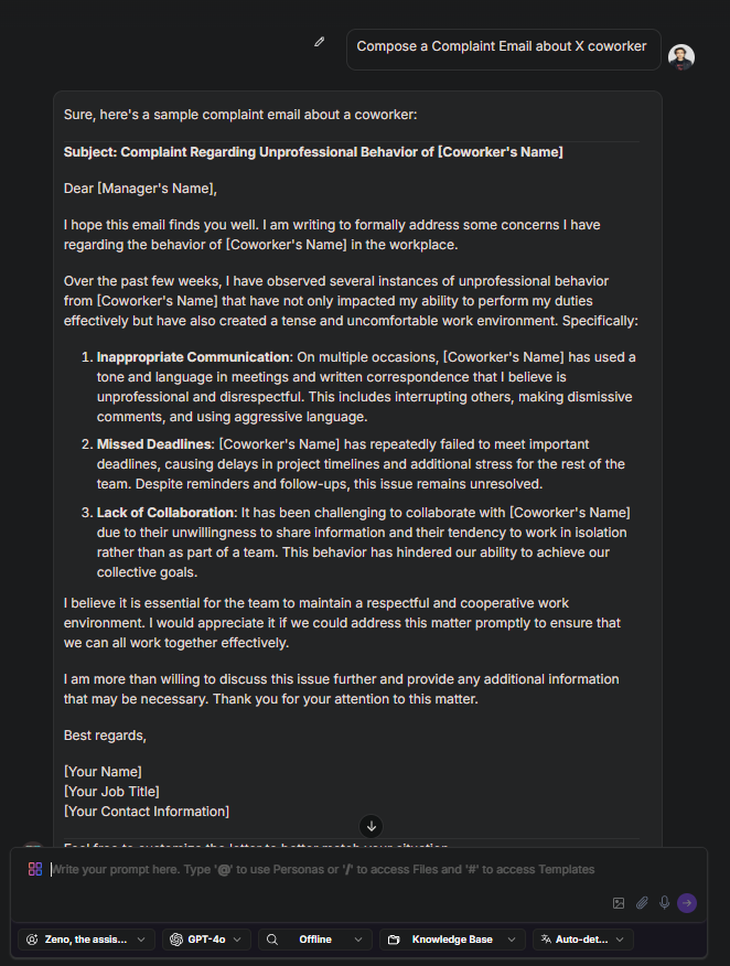 ZenoChat Complaint Email Template