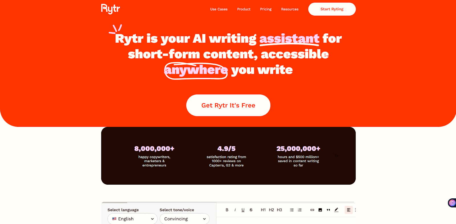 Página de inicio de Rytr