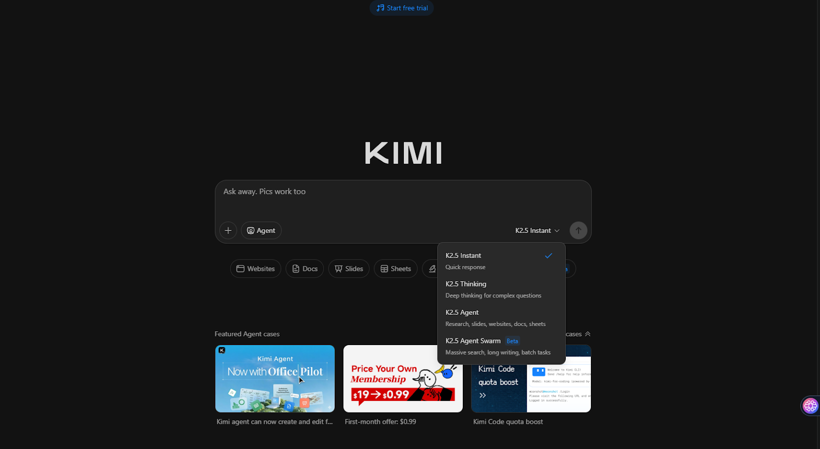 Öppna Kimi K2.5 via Kimi AI