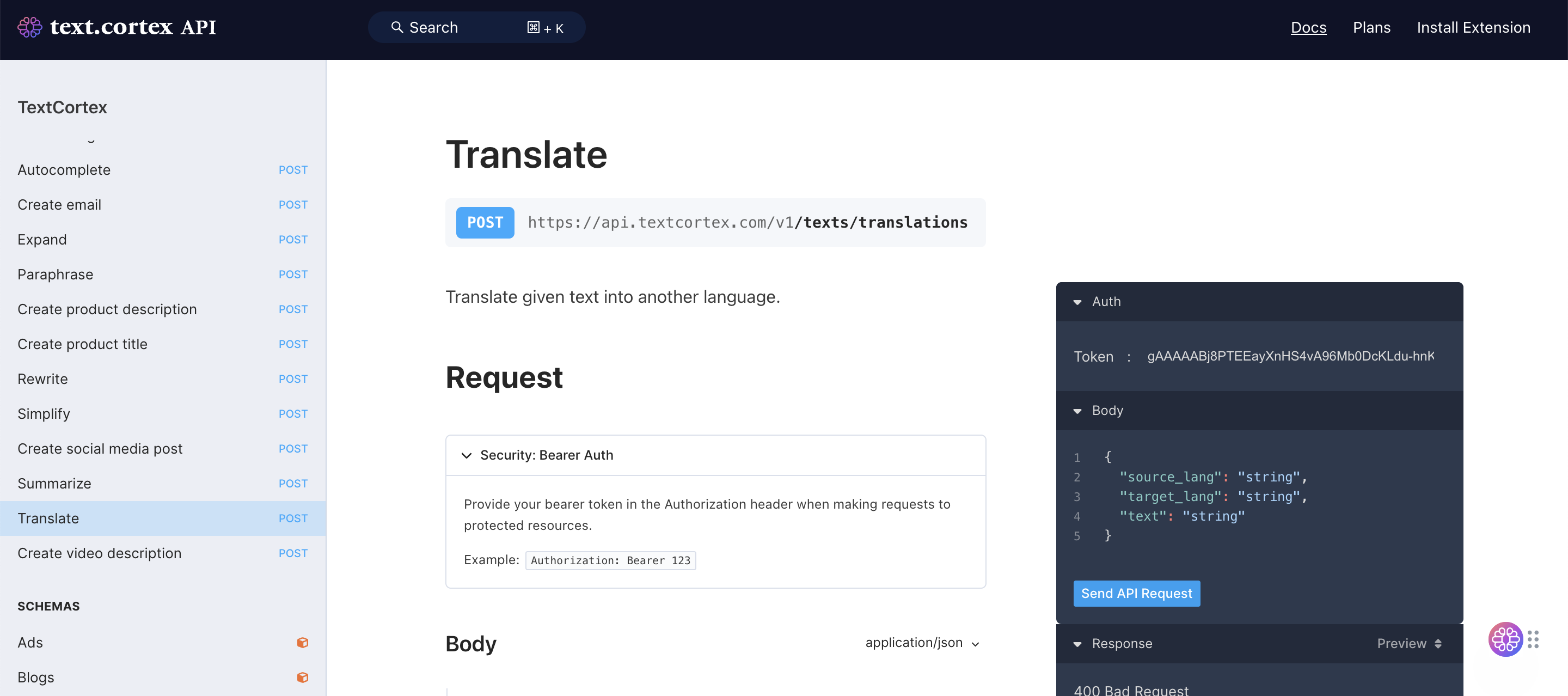 textcortex tradução API