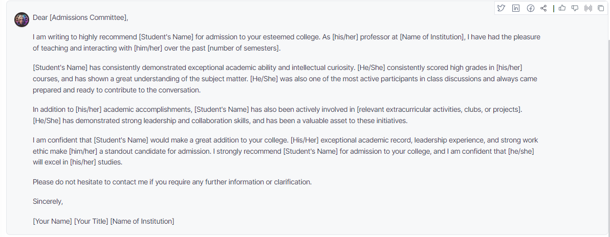Letter of Recommendation Template for College