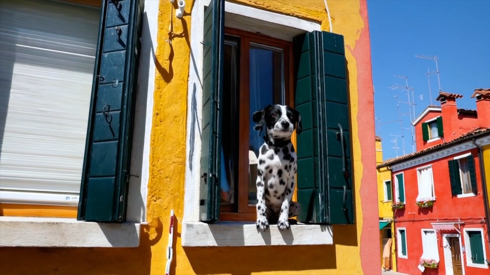 Um cão sentado numa janelaDescrição gerada automaticamente
